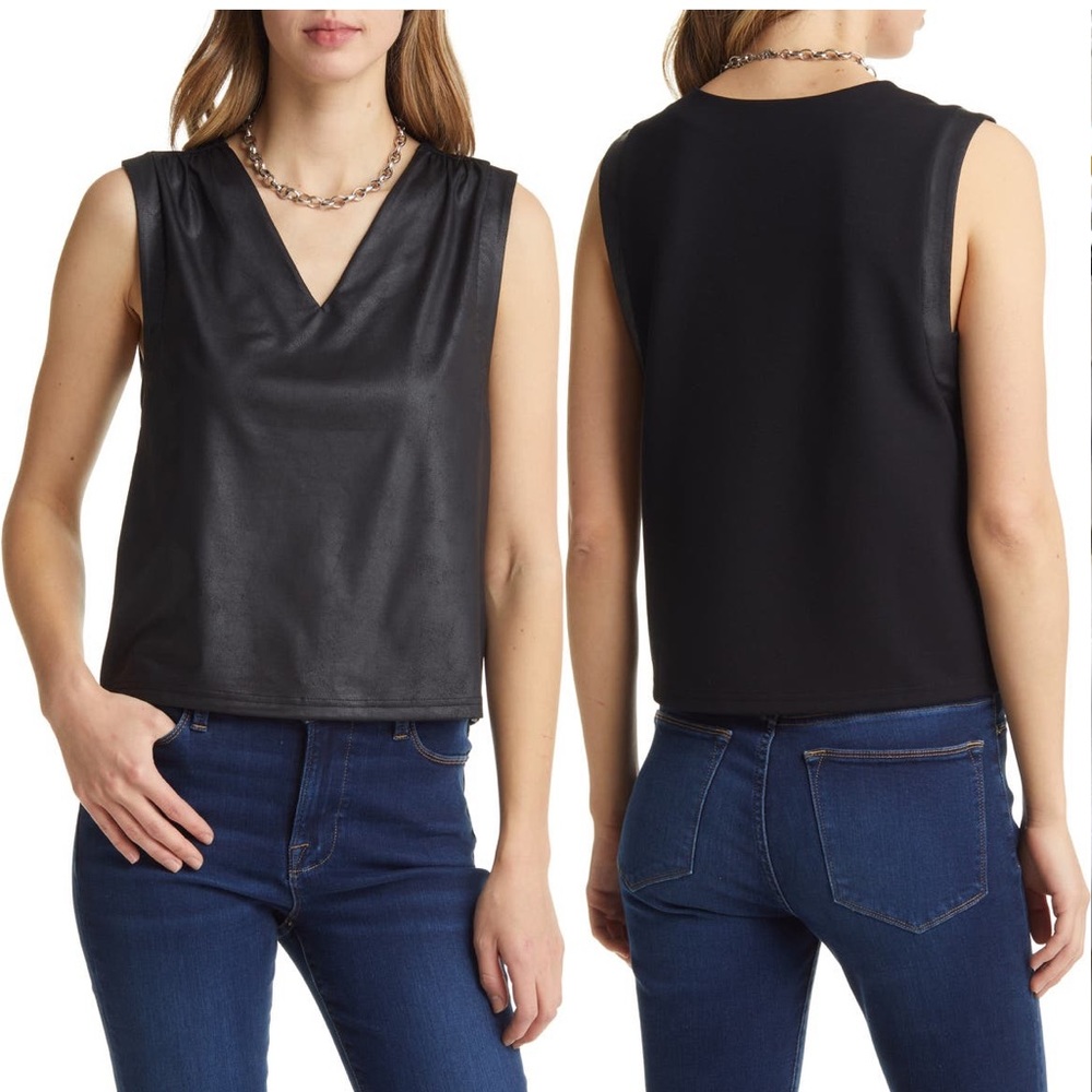 Halogen Mixed Media Faux Leather Sleeveless Top